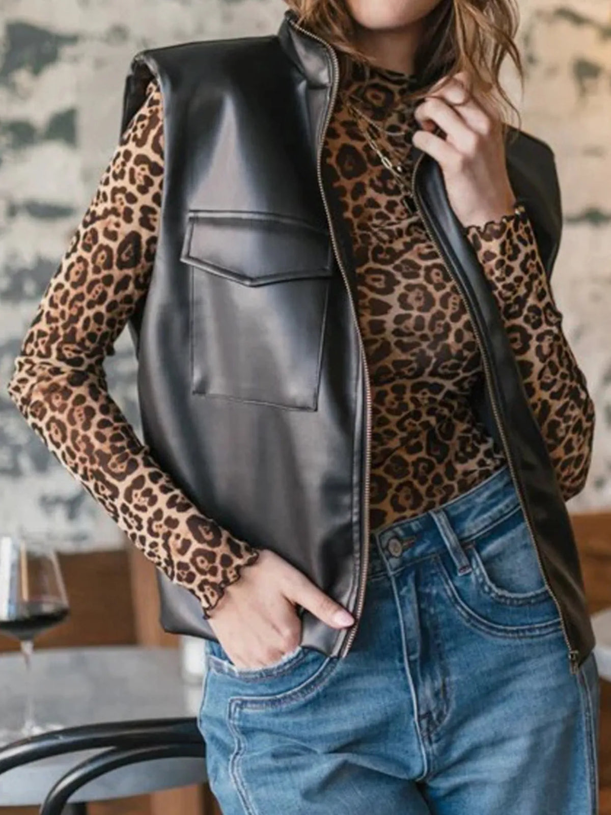 Leather Sleeveless Vest Coat with Zipper Closure in Black