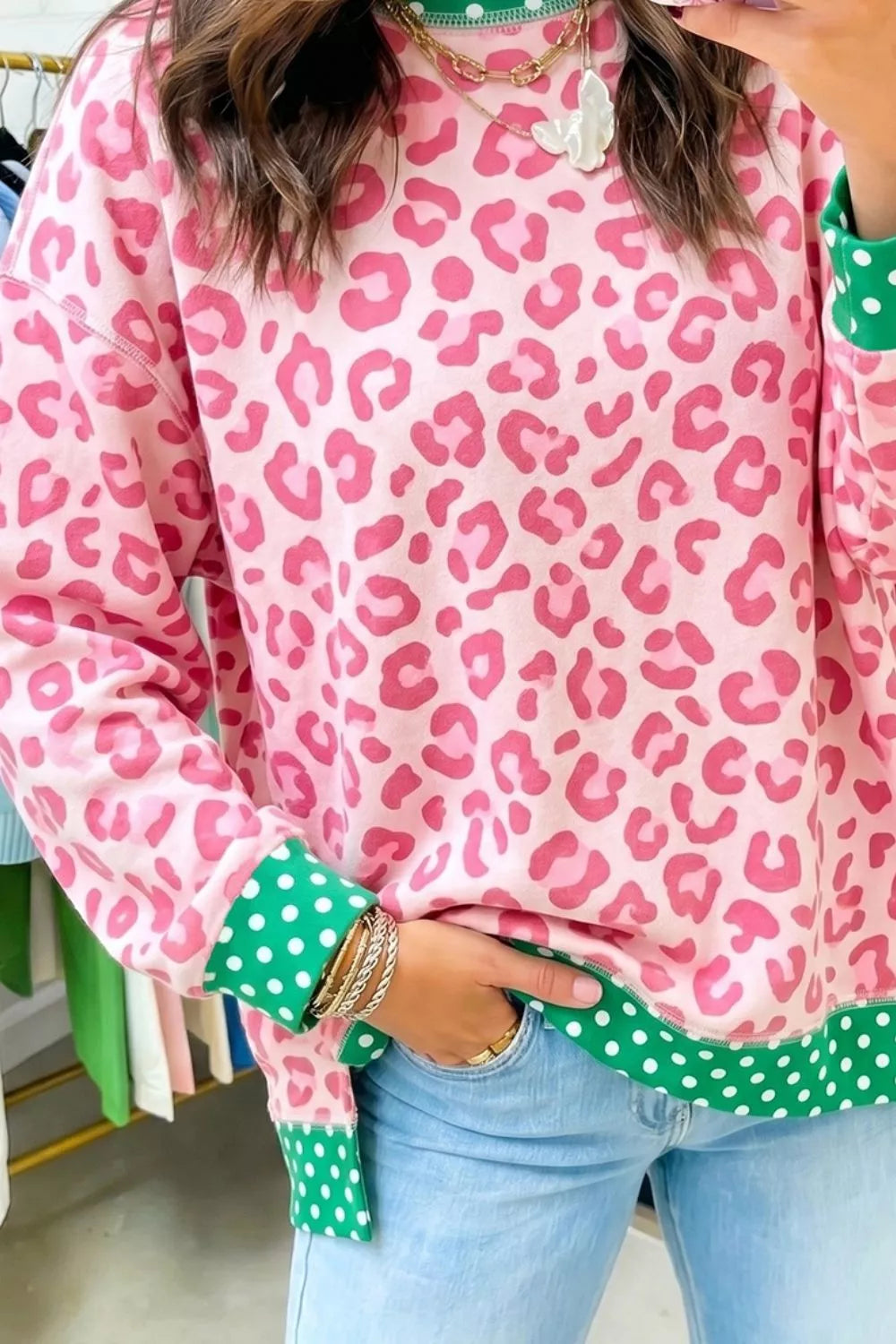 Leopard Polka Dot Trim Round Neck Sweatshirt in Blush Pink, view 3