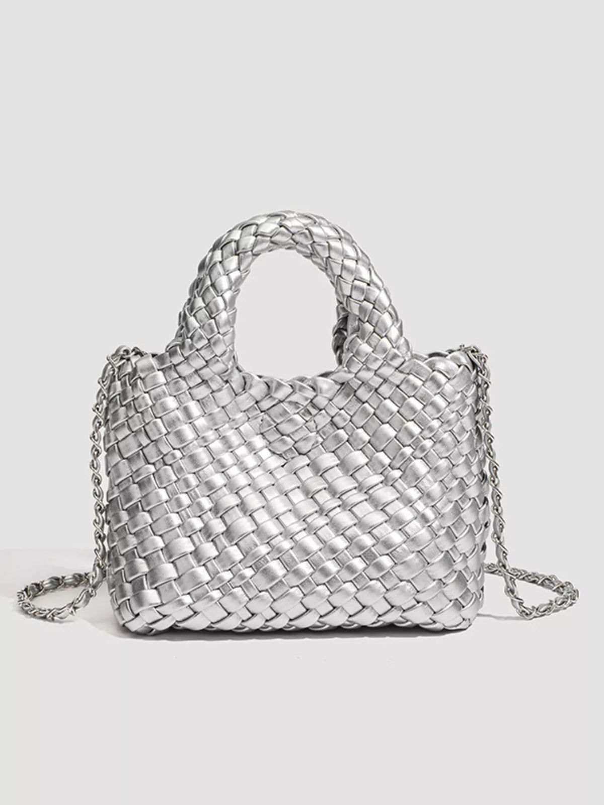 Woven Texture Mini Crossbody Bag with Chain Strap in Silver