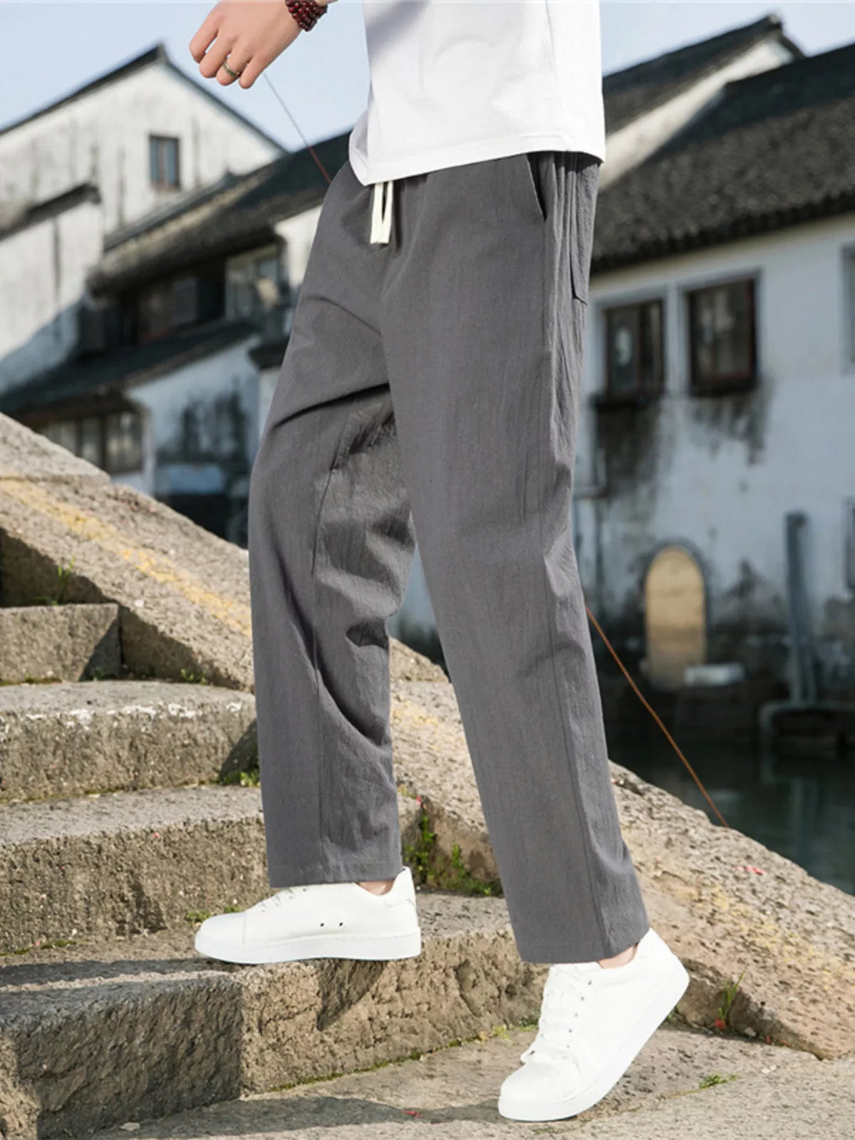 Men's Plus Size Loose Fit Drawstring Casual Pants in Dark Gray