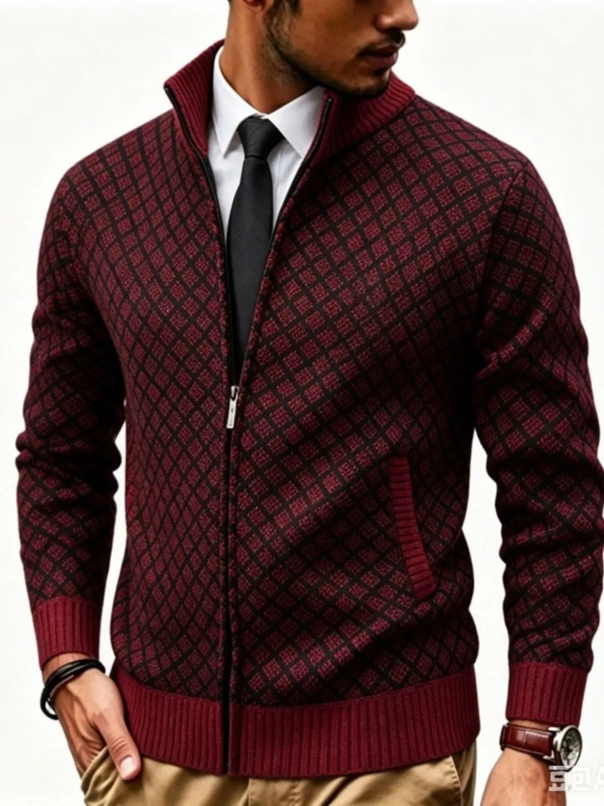 Men's Plus Size Geometric Patterned Full-Zip Cardigan - Lilixa.store
