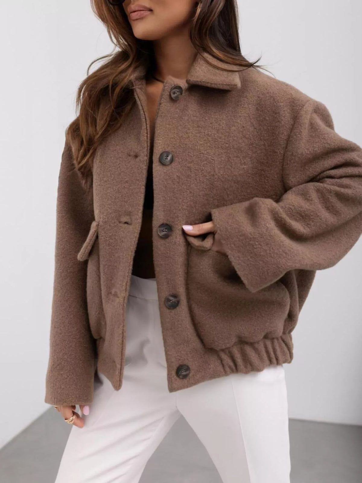 Button-Down Long Sleeve Outerwear in Brown