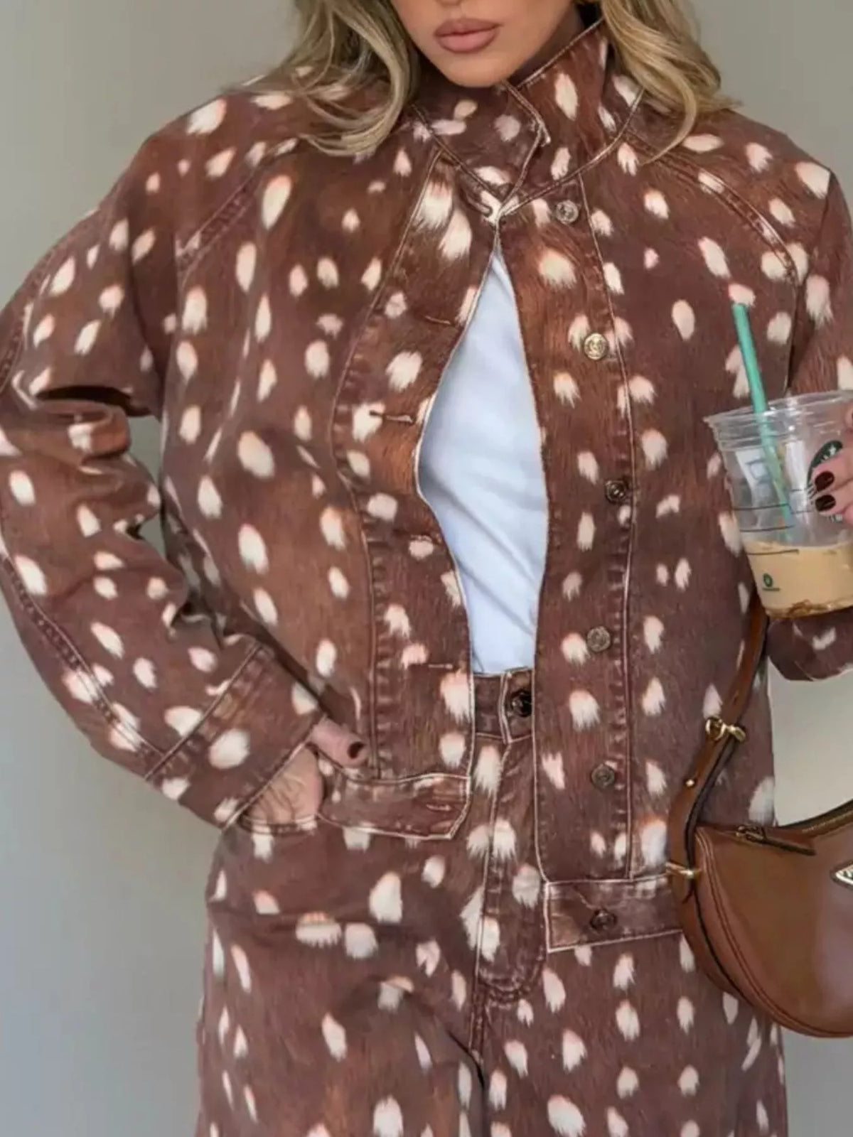 Fawn-Print Button Down Denim Jacket in Dark Brown, view 3