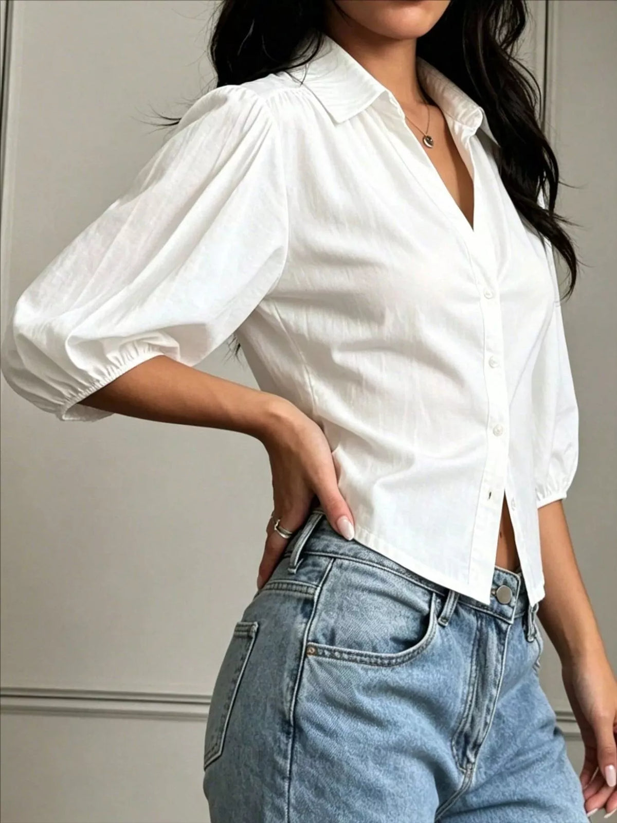 Button-Down Shirt with Puff Sleeves, view 3