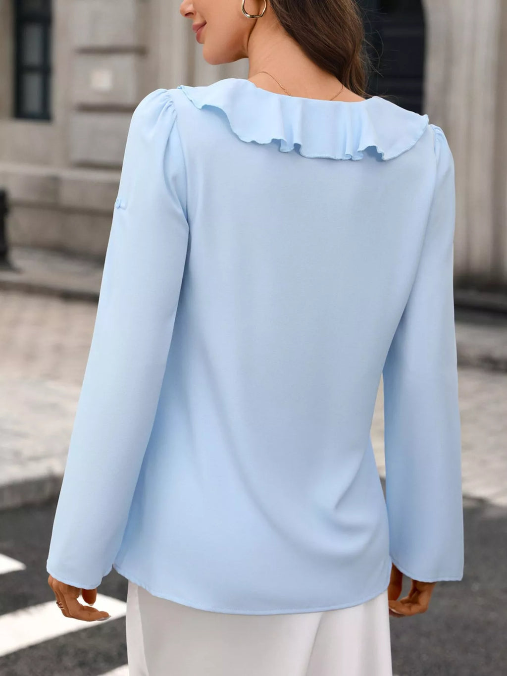 Ruffled V-Neck Roll-Up Sleeves Blouse - Lilixa.store