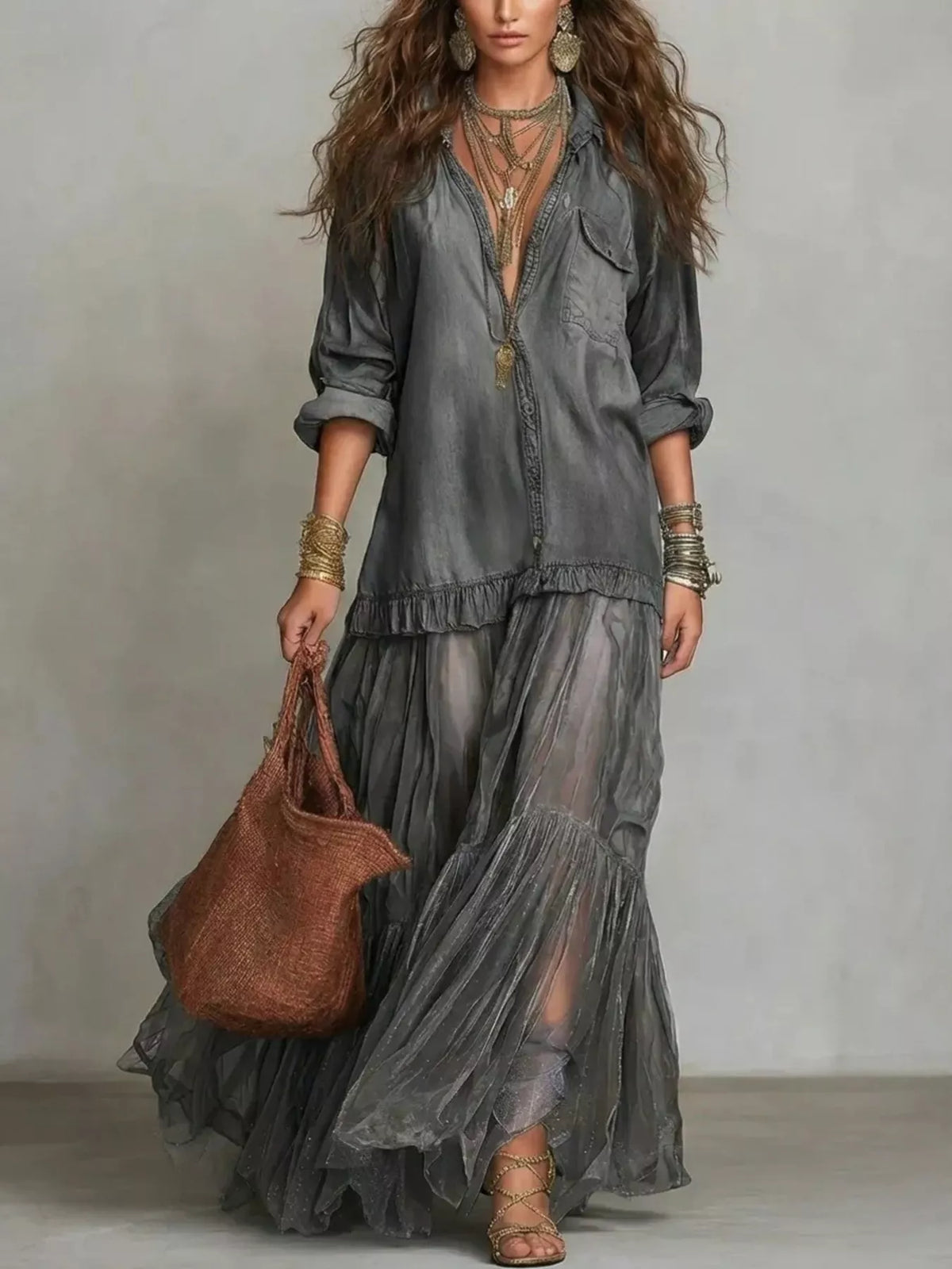 Full Size Tiered Long Sleeve Denim Shirt Maxi Dress Plus Size - Lilixa.store
