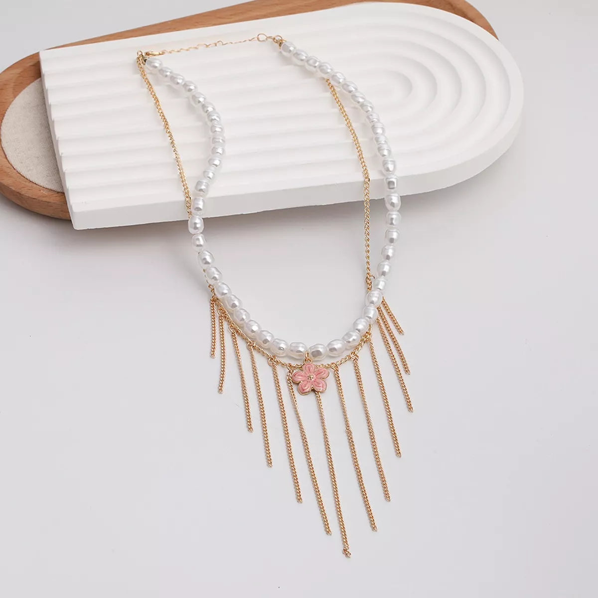 Elegant Pearl Choker Necklace with Flower Charm and Tassel Dangles - Lilixa.store