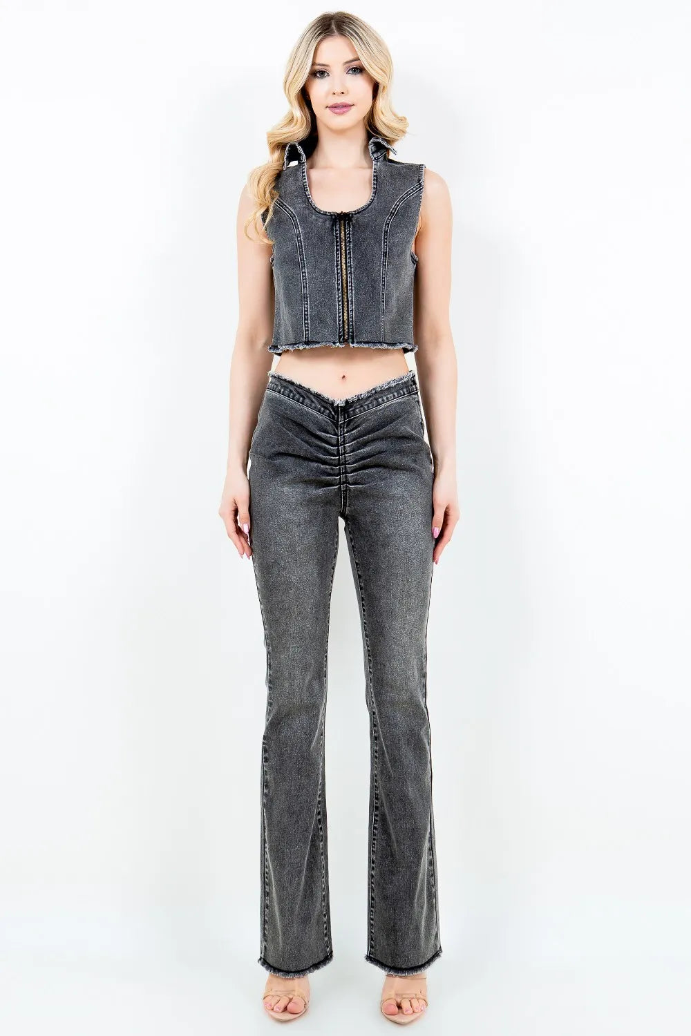 American Bazi Zip Up Washed Crop Denim Vest - Lilixa.store