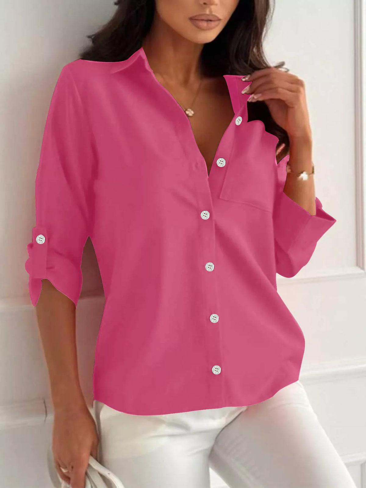 Button-Down Roll-Up Sleeve Shirt in Fuchsia Pink