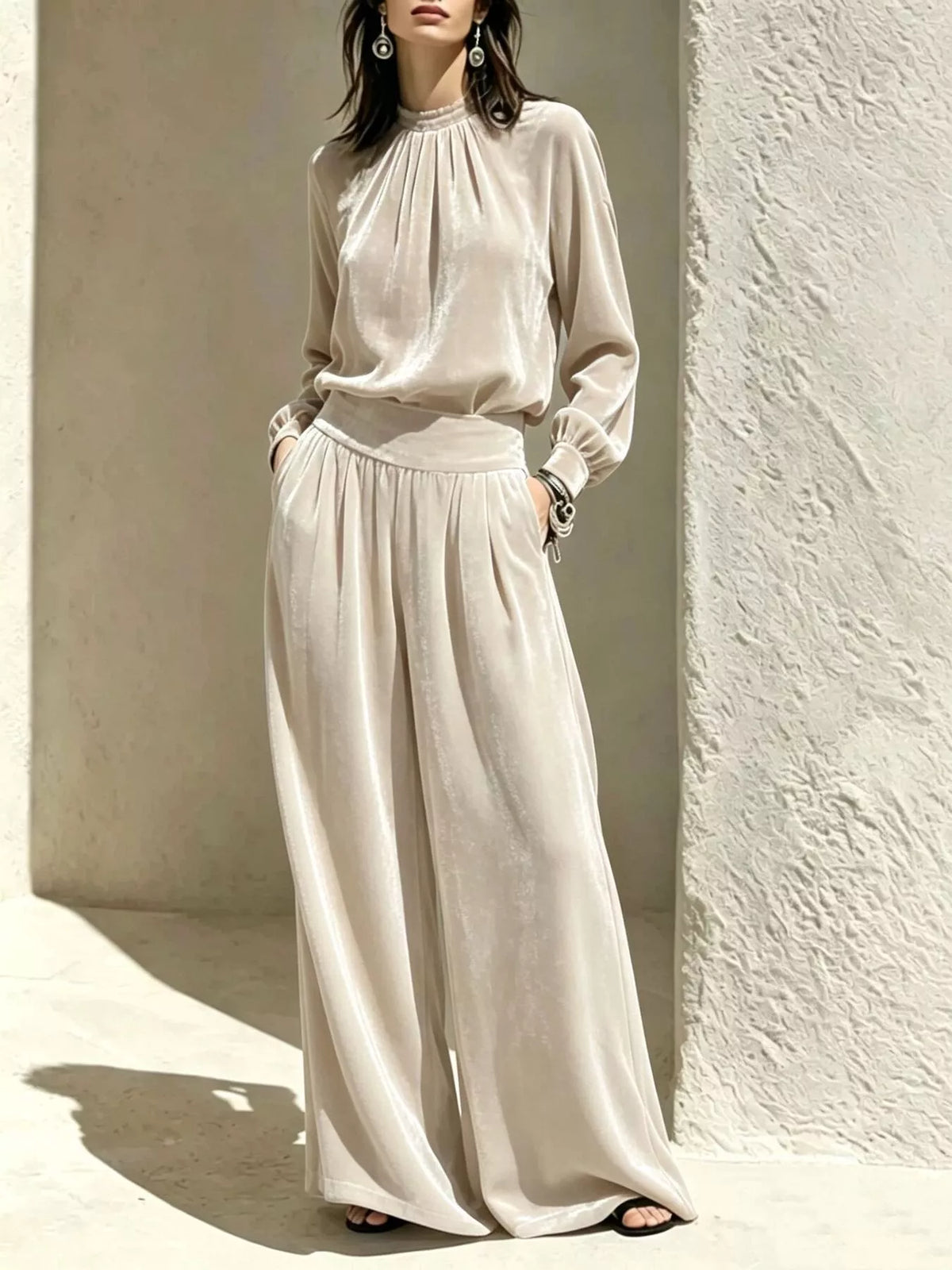 Velvet Mock Neck Long Sleeve Top and Wide-Leg Pants Set - Lilixa.store
