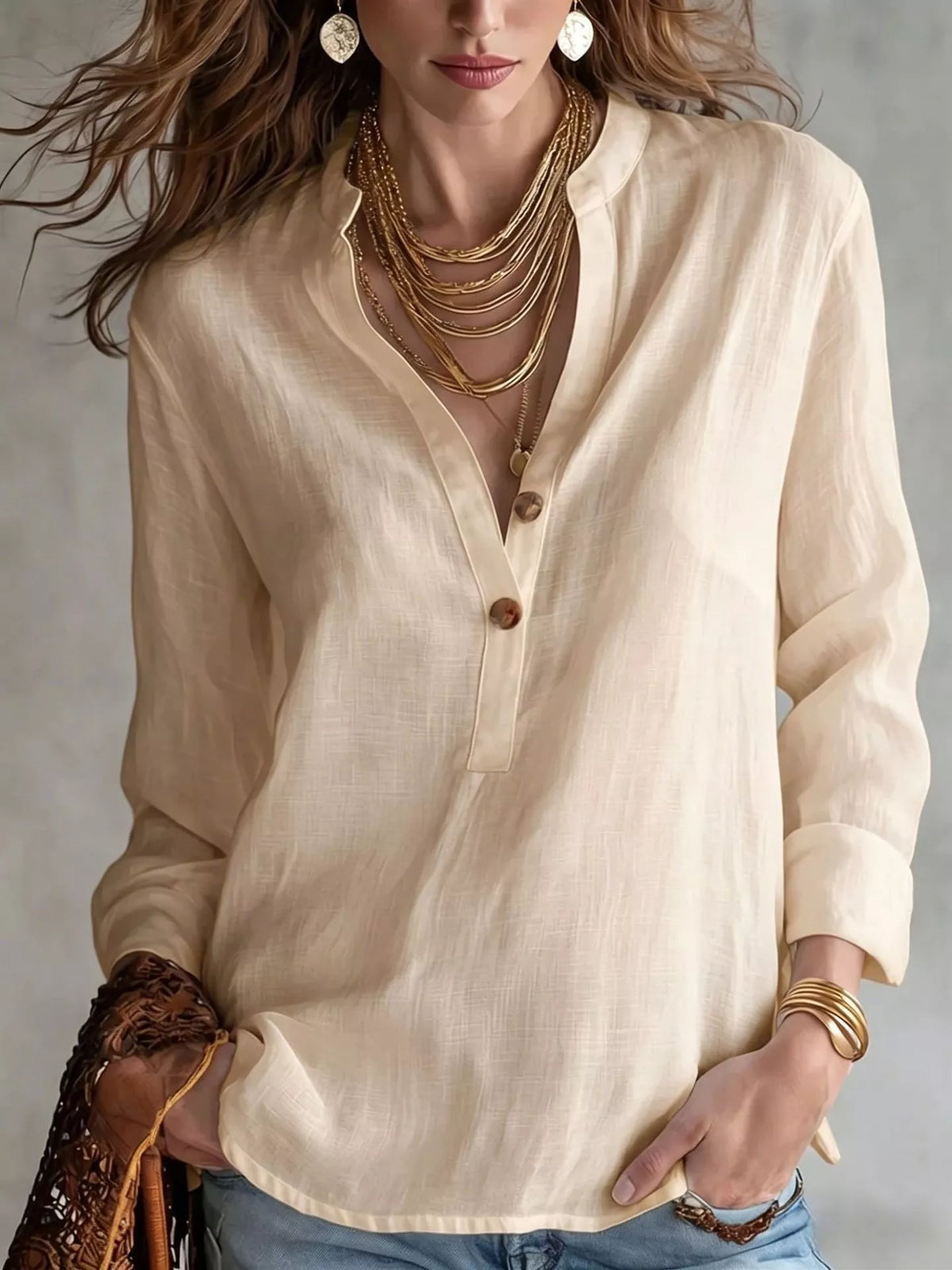 Button Detail Long Sleeve Blouse - Lilixa.store