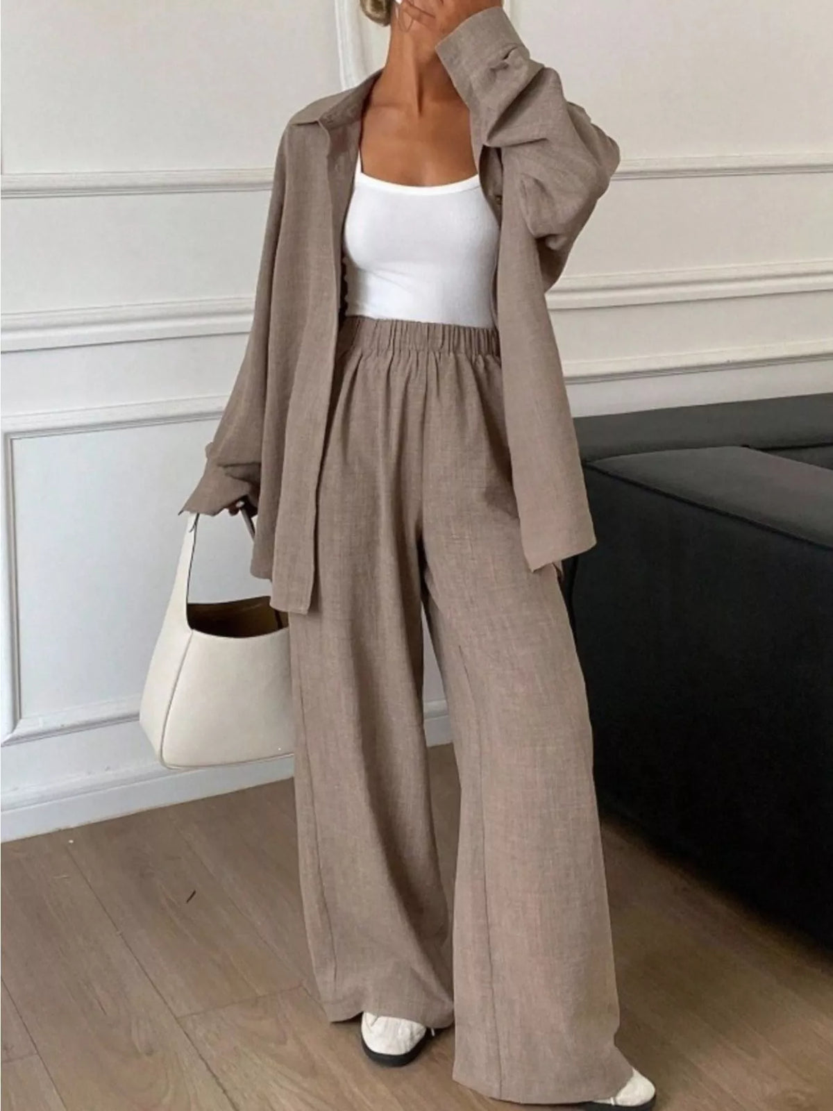 Button-Down Shirt and Wide-Leg Pants Set, view 18