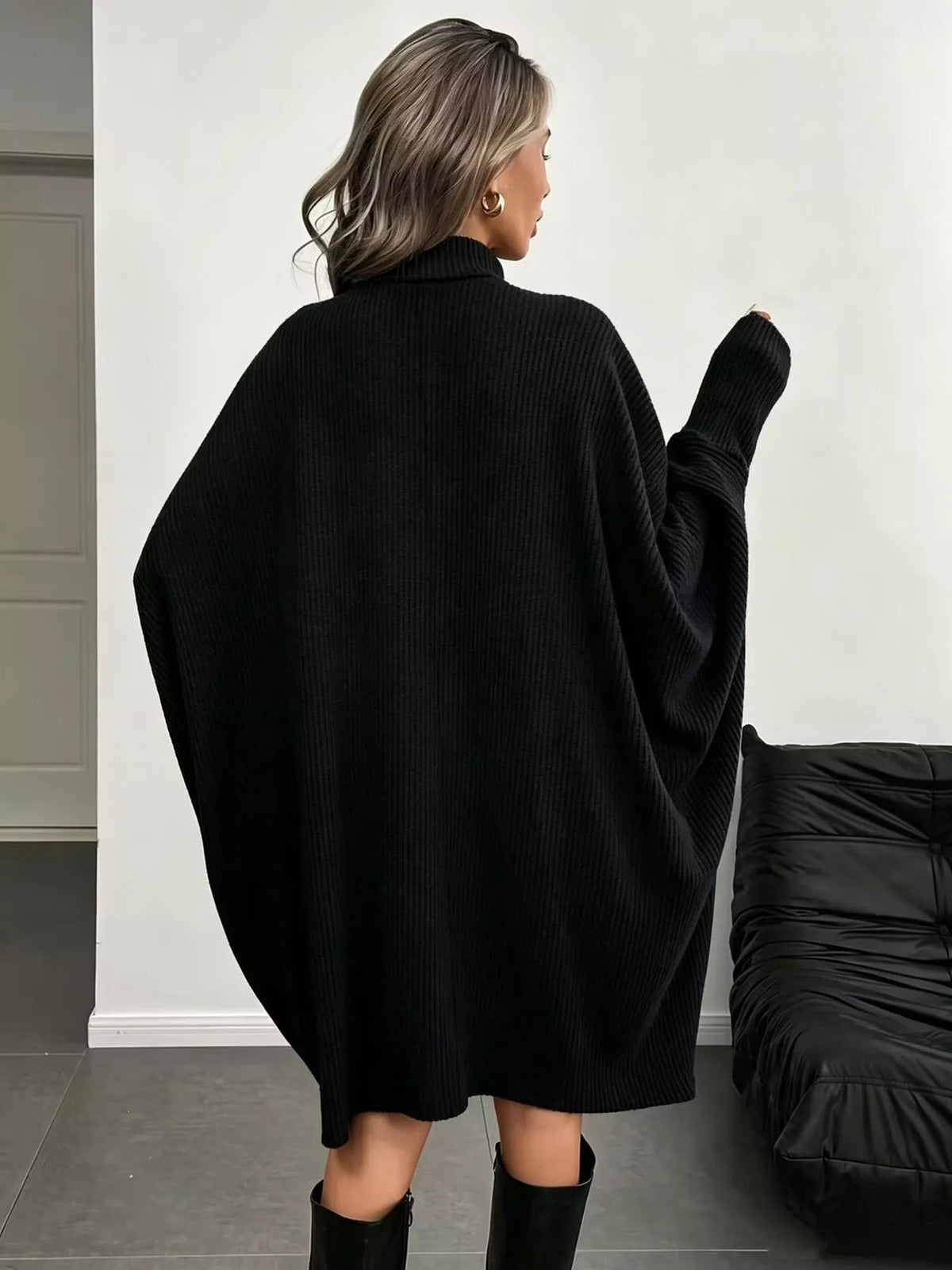 Oversized Batwing Sleeve Ribbed Knit Turtleneck Dress - Lilixa.store