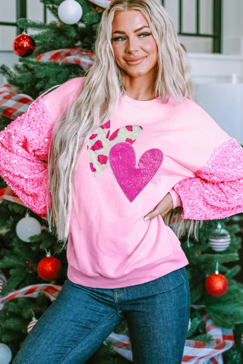 Valentine’s Day Sequin Heart Long Sleeve Sweatshirt - Lilixa.store