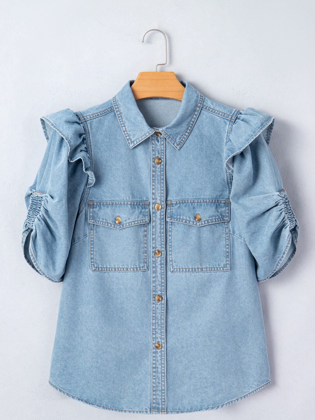 Ruffled Button-Down Denim Shirt - Lilixa.store