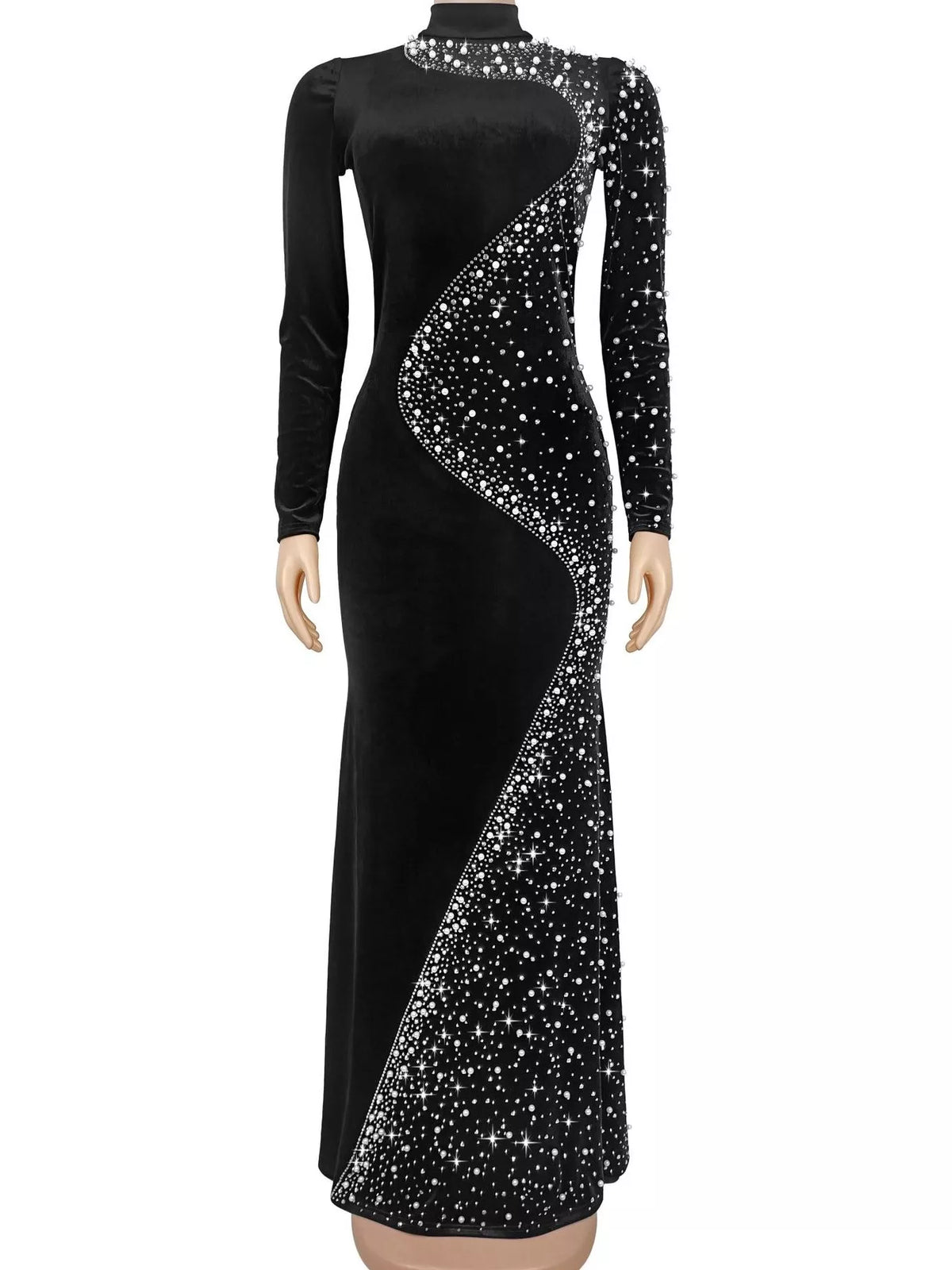 Rhinestone Embellished Velvet Mermaid Evening Maxi Dress - Lilixa.store