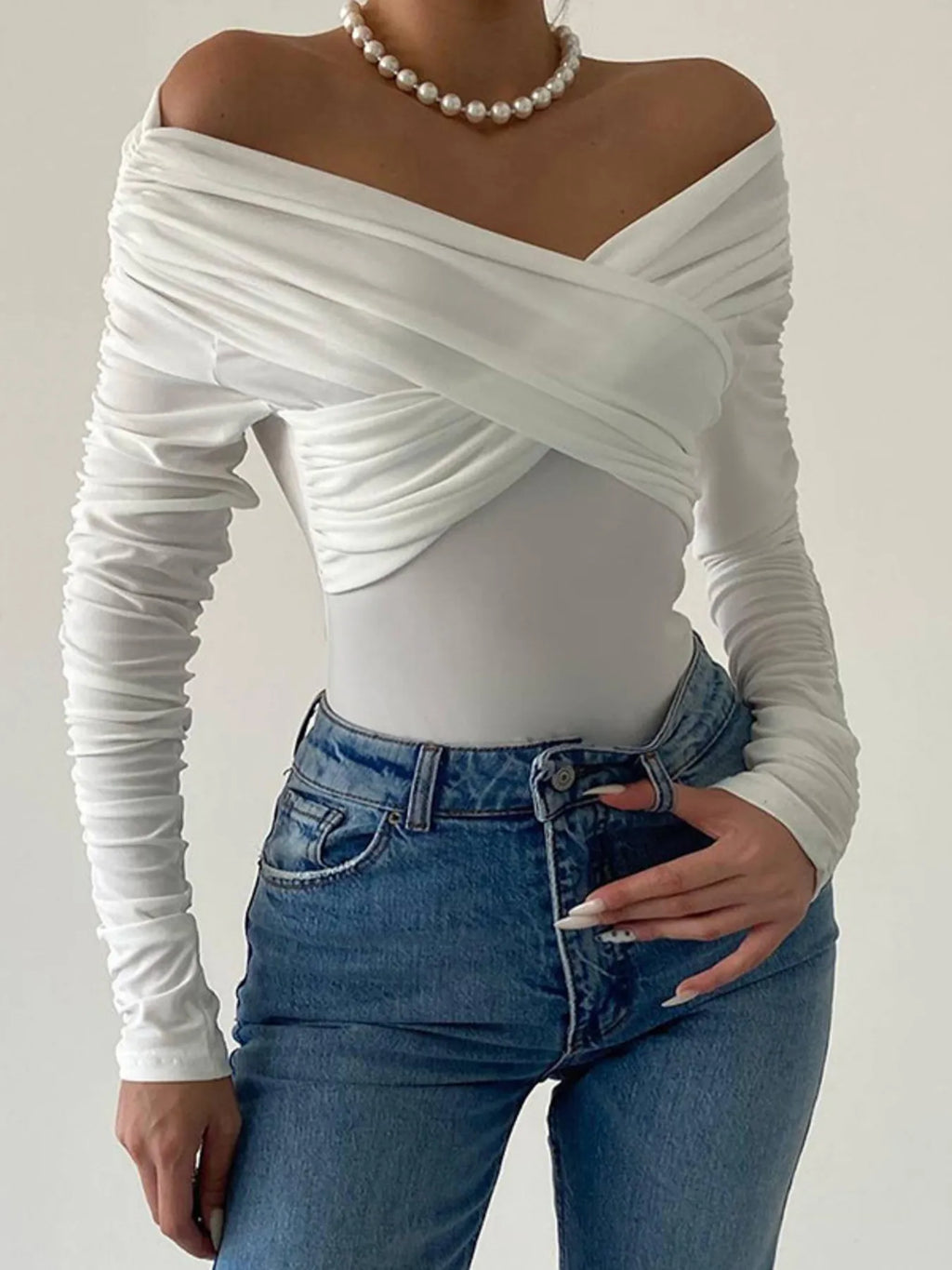 Off-Shoulder Long Sleeve Bodysuit - Lilixa.store