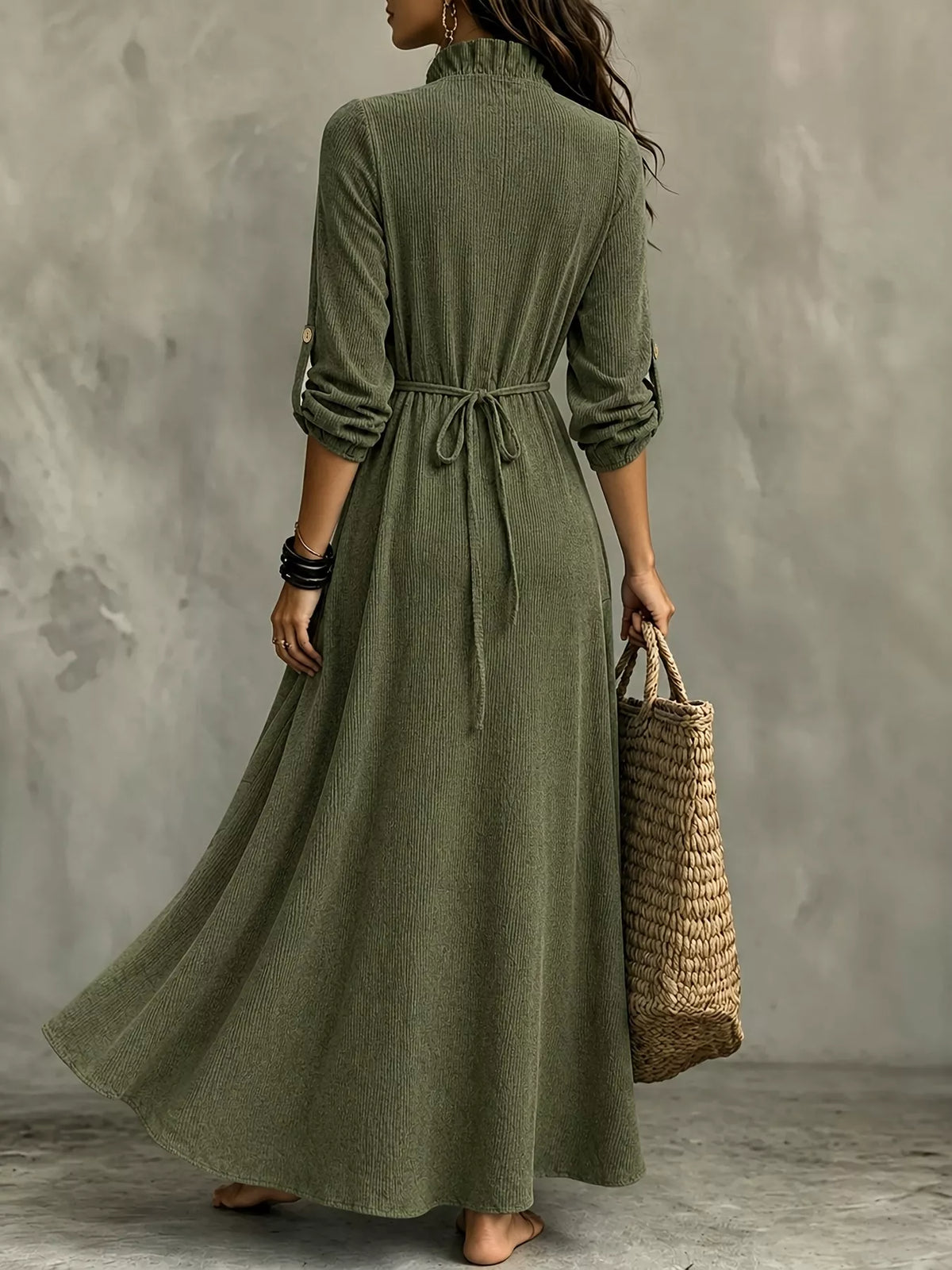 Full Size V-Neck Maxi Dress with Roll-Up Sleeves Plus Size - Lilixa.store