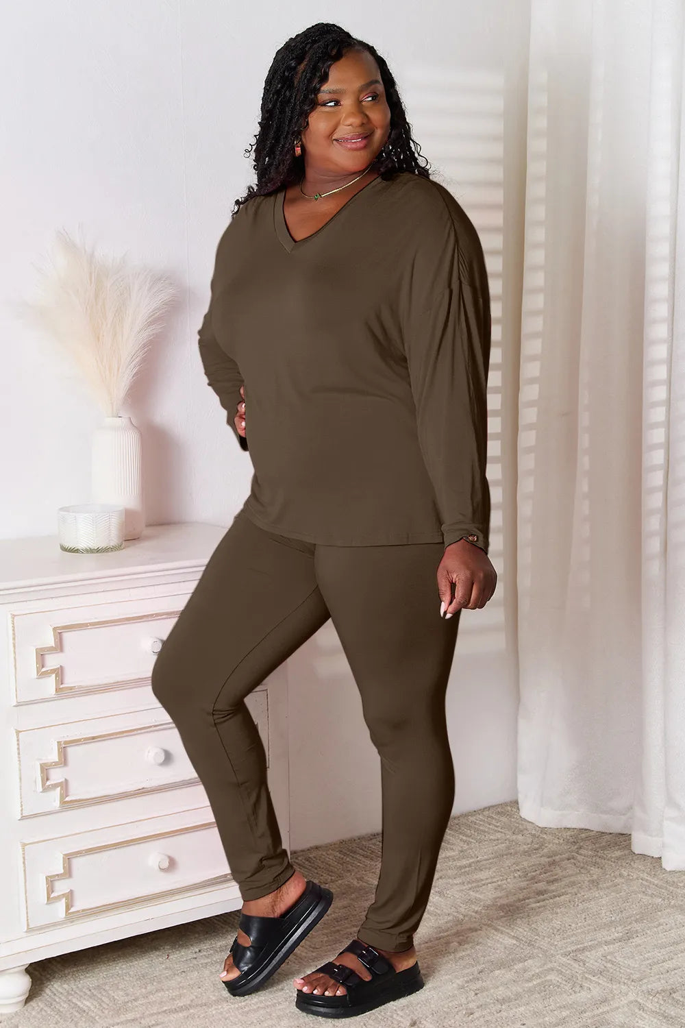 Basic Bae Bamboo Full Size V-Neck Long Sleeve Top and Pants Lounge Set - Lilixa.store