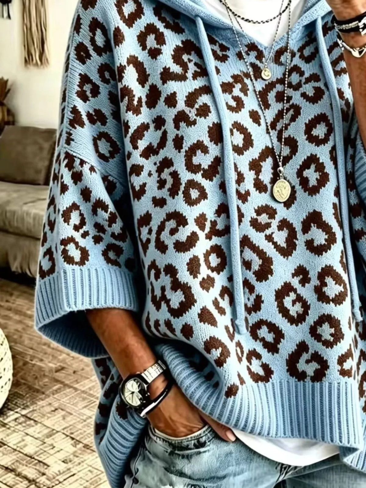 Leopard Print Hooded Knit Sweater, view 4