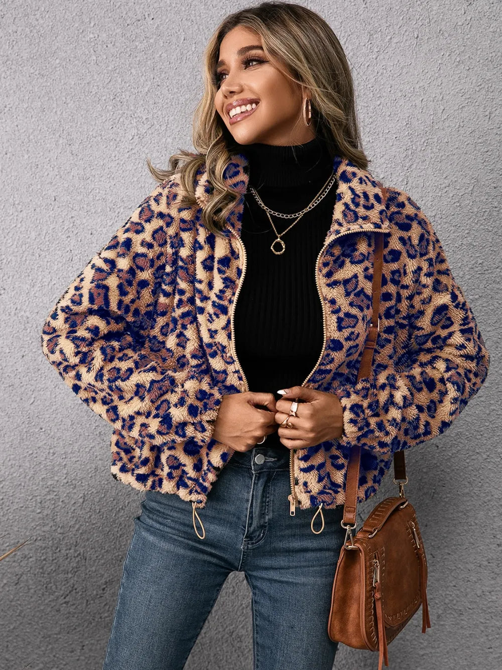 Ivy Lane Drawstring Leopard Zip Up Jacket, view 3
