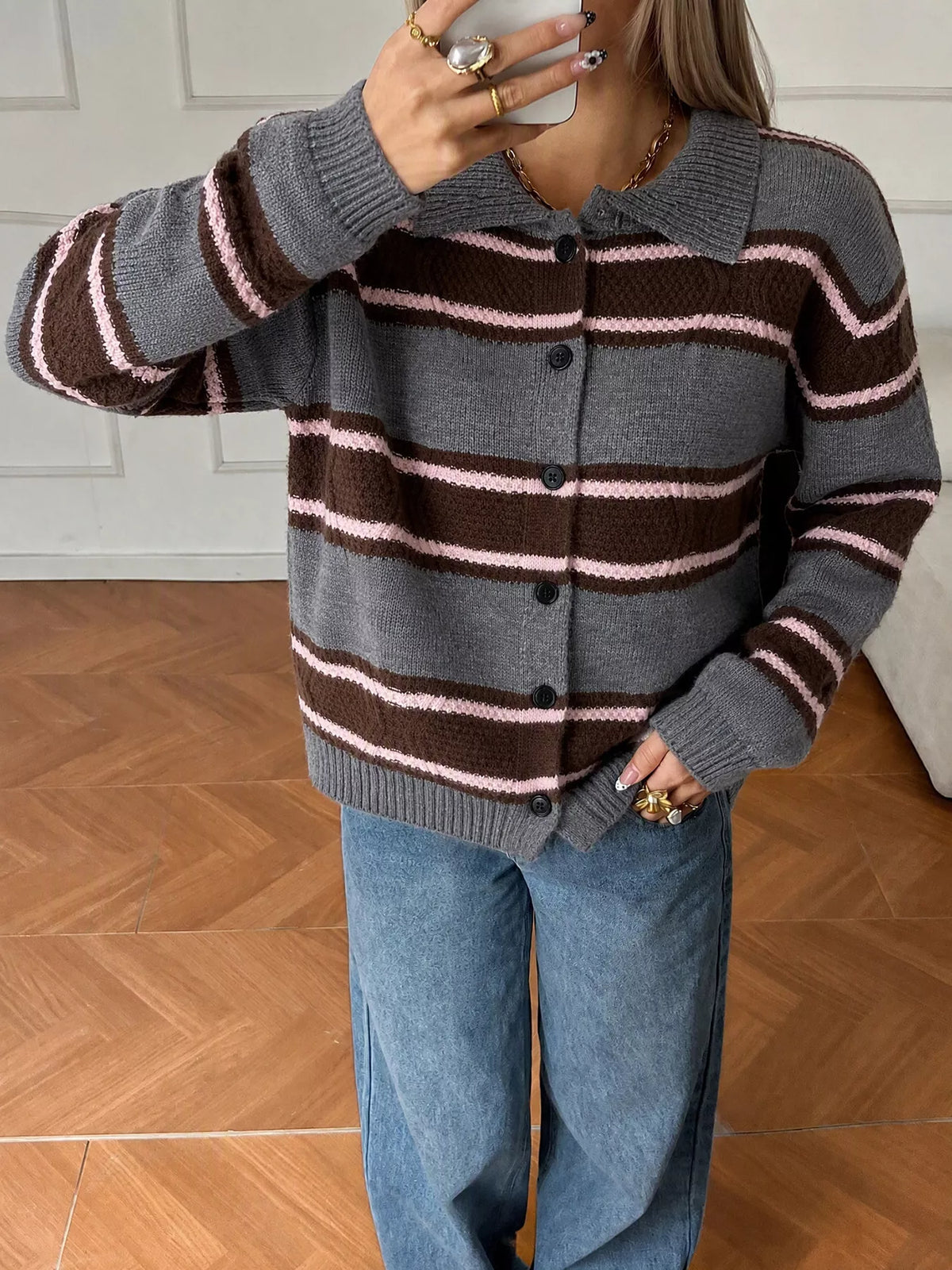 Vintage-Inspired Striped Knit Cardigan with Polo Collar, view 15