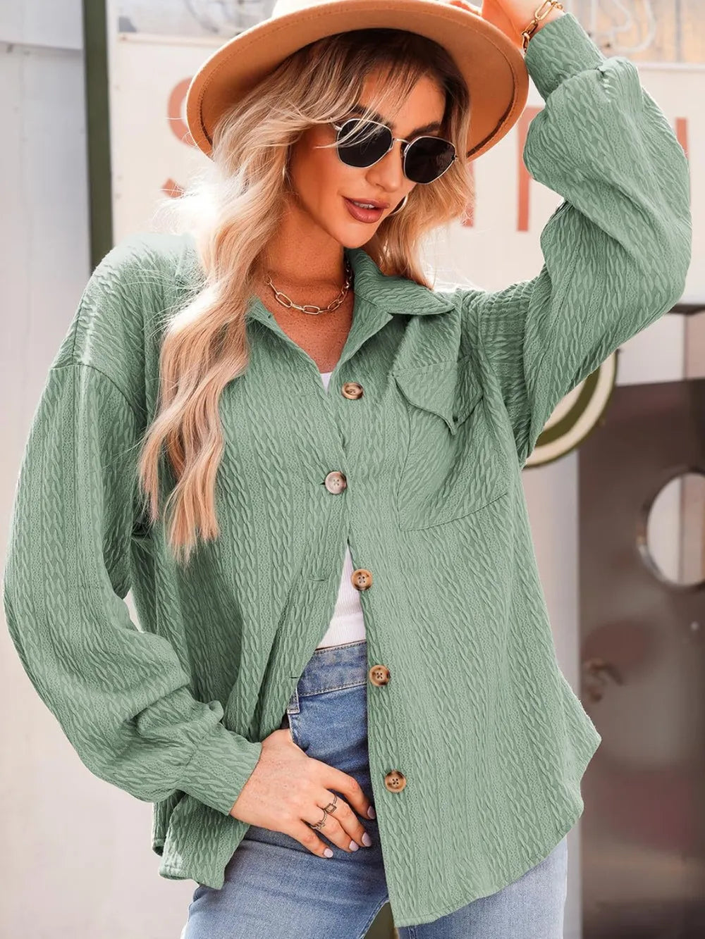 Textured Button Up Long Sleeve Shacket, view 12