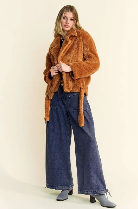 Davi & Dani Fuzzy Zip Up Collared Neck Jacket in Brown, view 6
