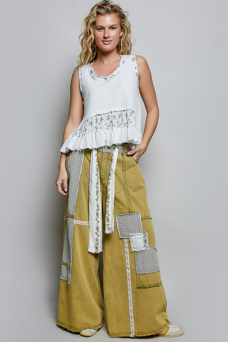 POL Floral Print Patche Round Neck Ribbed Tank with Double Gauze Ruffle Accents - Lilixa.store