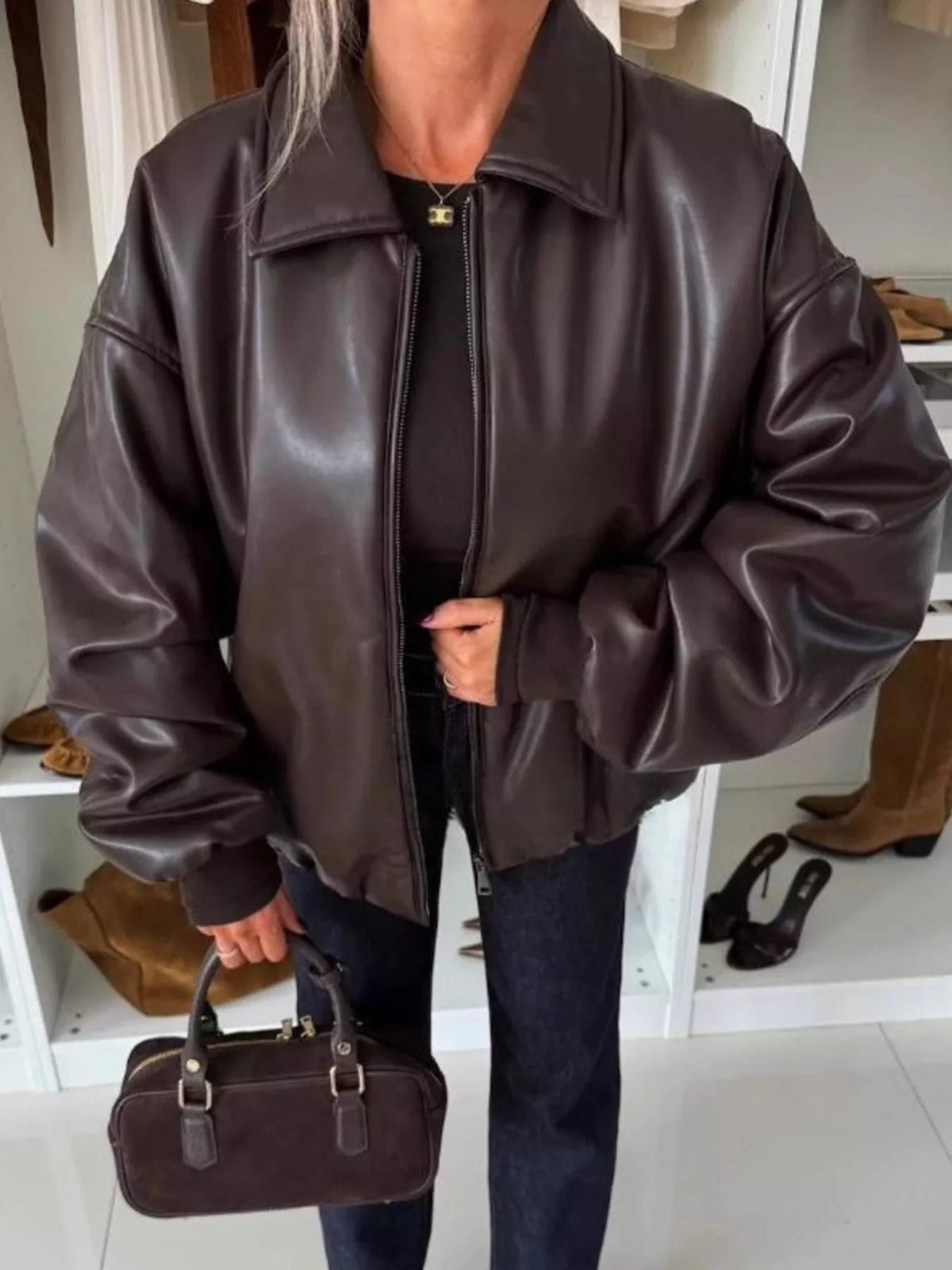 Zip Up Dropped Shoulder Jacket in Brown
