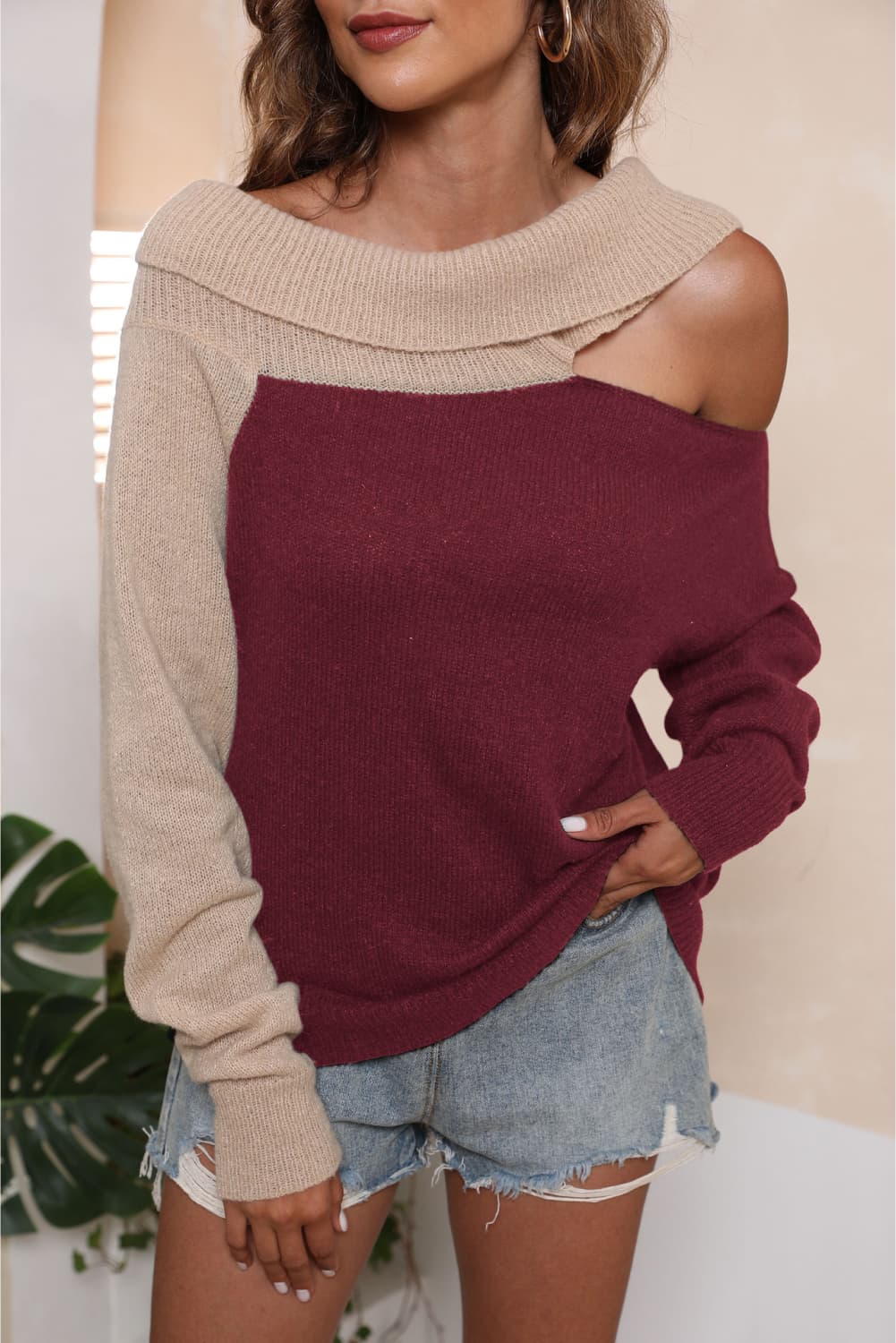 Asymmetrical Long Sleeve Two-Tone Cutout Sweater, view 11