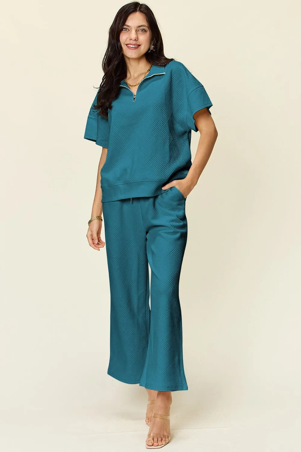 Double Take Full Size Texture Half Zip Short Sleeve Top and Pants Set in Teal