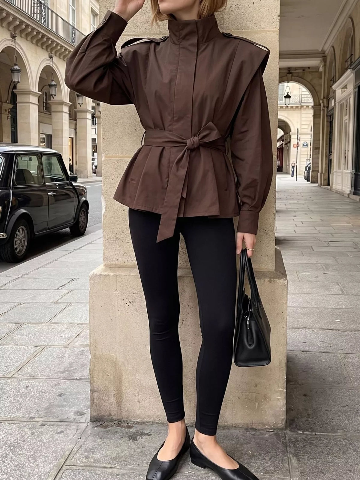 Stand-Collar Belted Outerwear - Lilixa.store