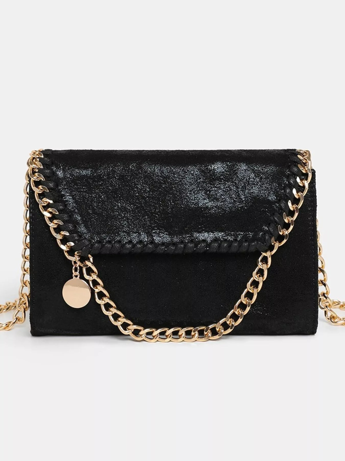 Matte PU Leather Textured Chain-Strap Shoulder Bag in Black, view 7