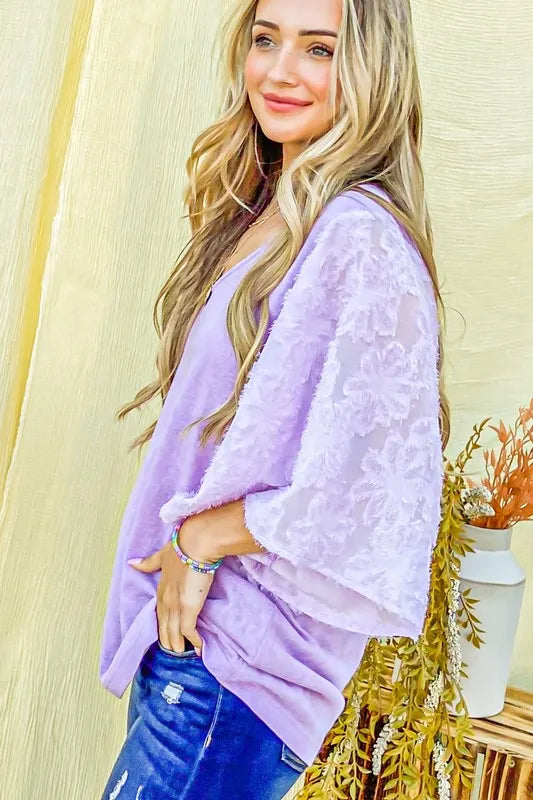 And The Why Feather Detailed 3/4 Sleeve Slub Top in Lilac, view 2