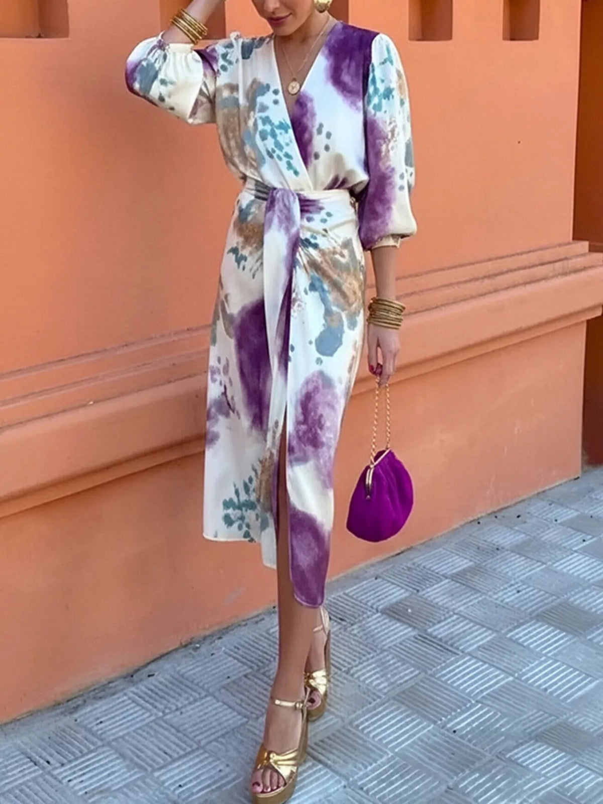 Full Size Slit Tie-Waist Abstract Print Midi Dress Plus Size - Lilixa.store