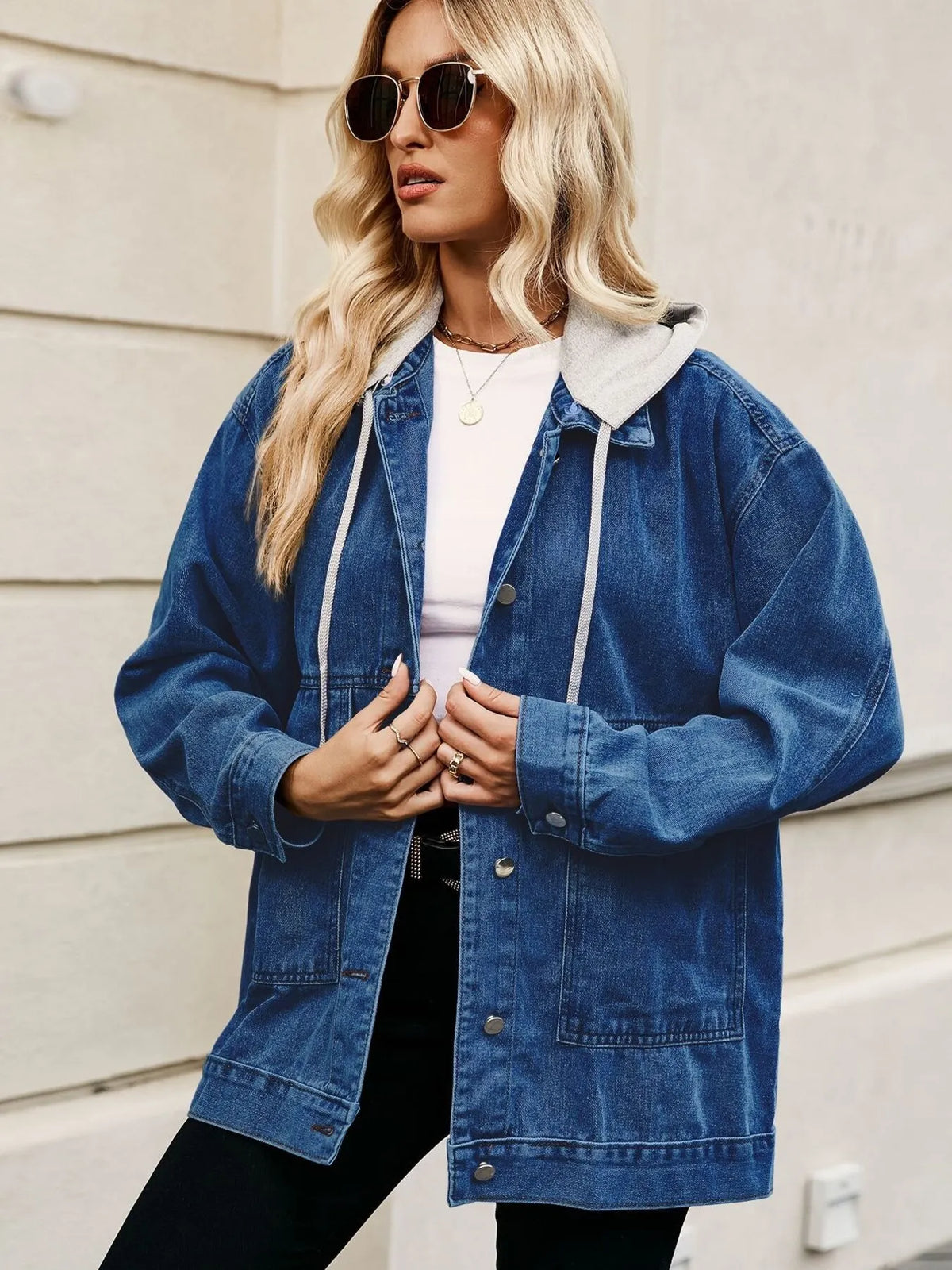 Oversized Button Up Denim Jacket with Hood in Dark Blue