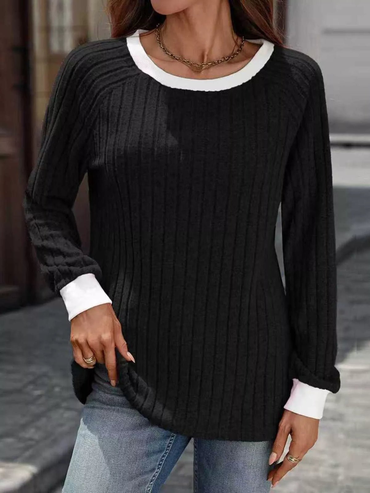 Ribbed Round Neck Raglan Sleeve Knit Top - Lilixa.store