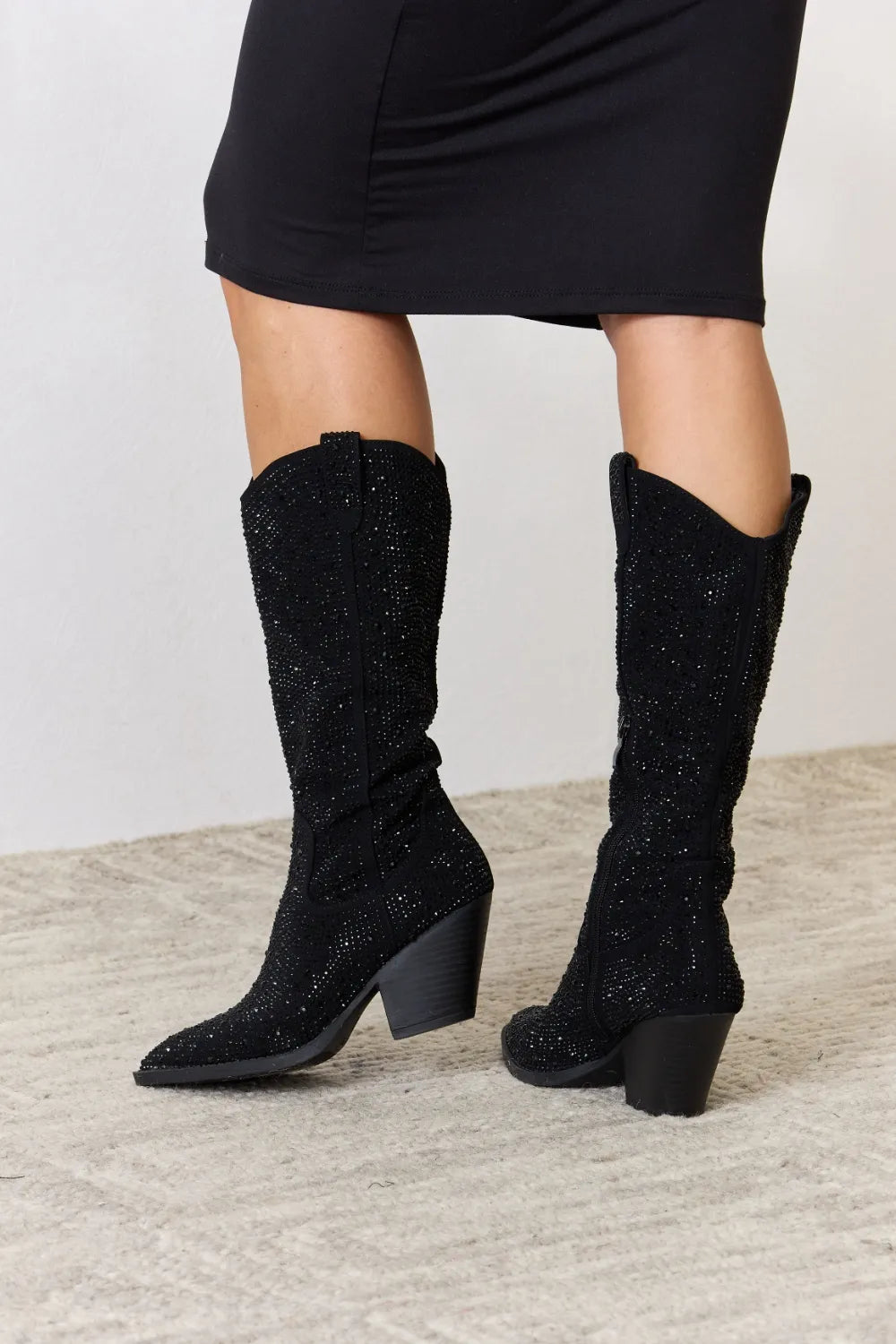 Forever Link Rhinestone Knee High Cowboy Boots in Black, view 7