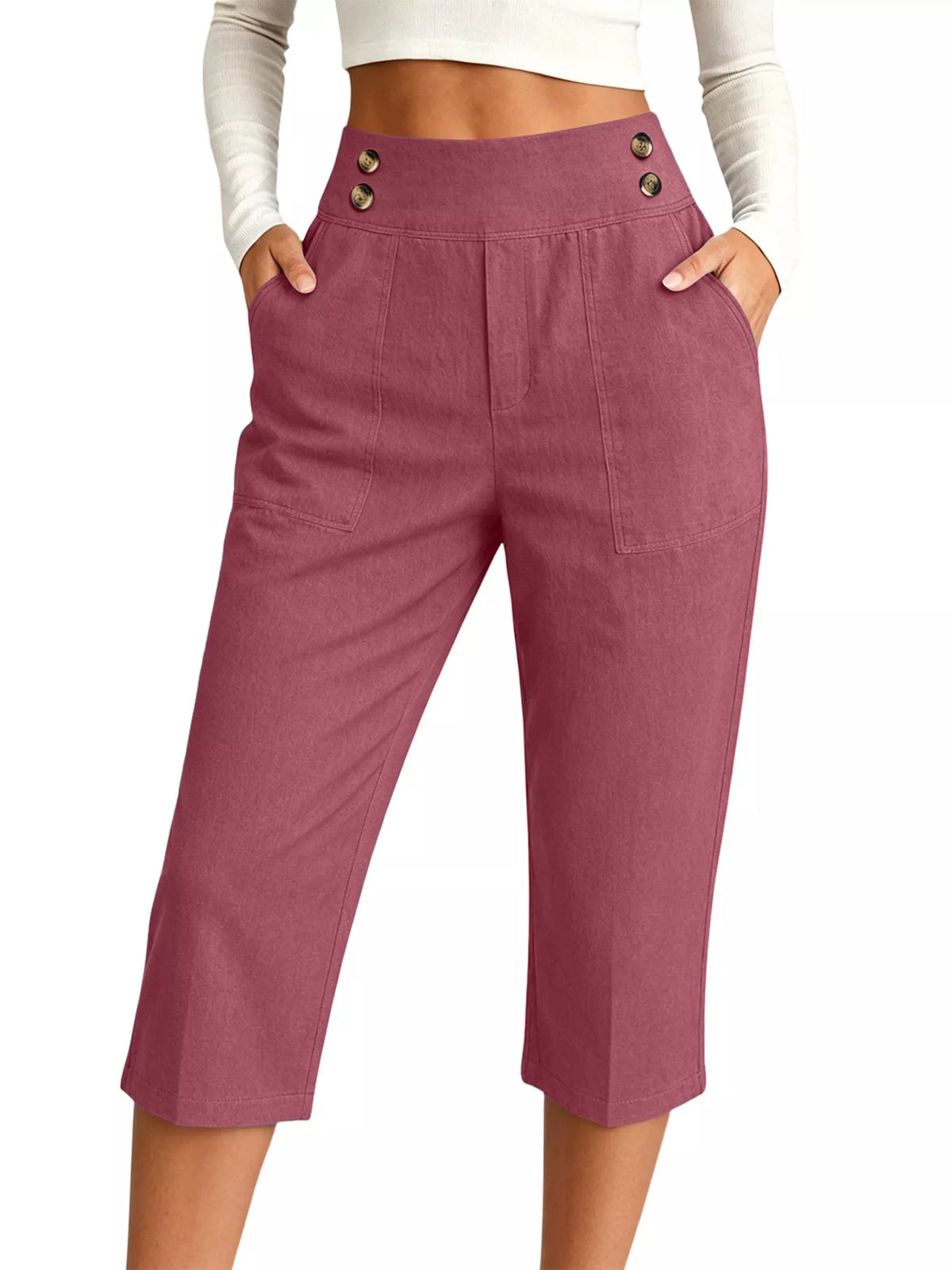 Full Size High-Waisted Button-Detail Cropped Pants Plus Size in Cerise