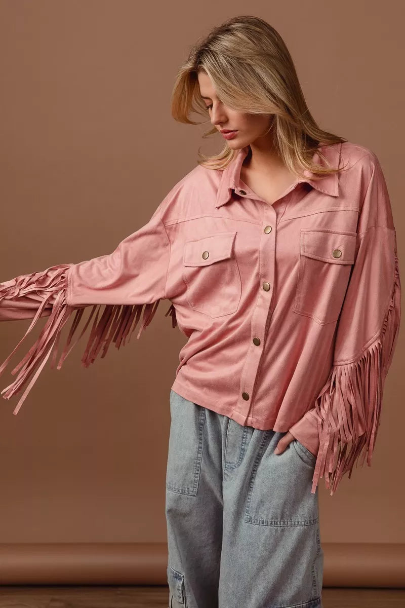 BiBi Suede Fringe Long Sleeve Jacket in Blush, view 7