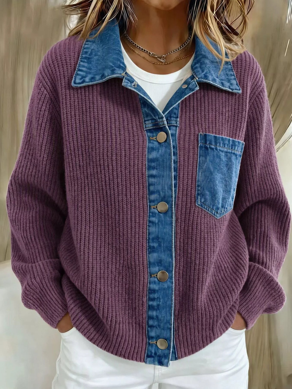 Denim Trim Button Up Cardigan - Lilixa.store