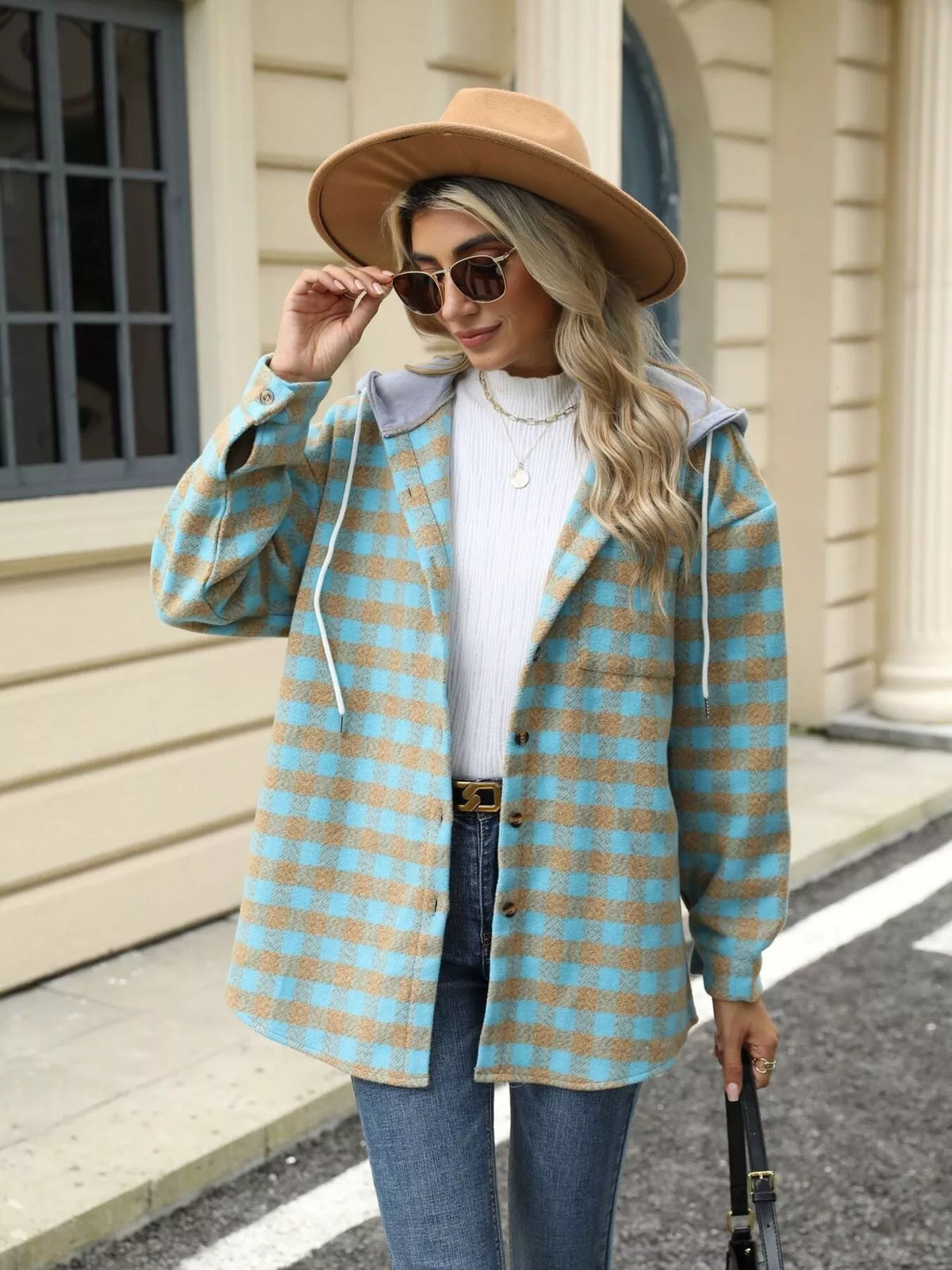 Plaid Button Up Long Sleeve Drawstring Hooded Jacket, view 9