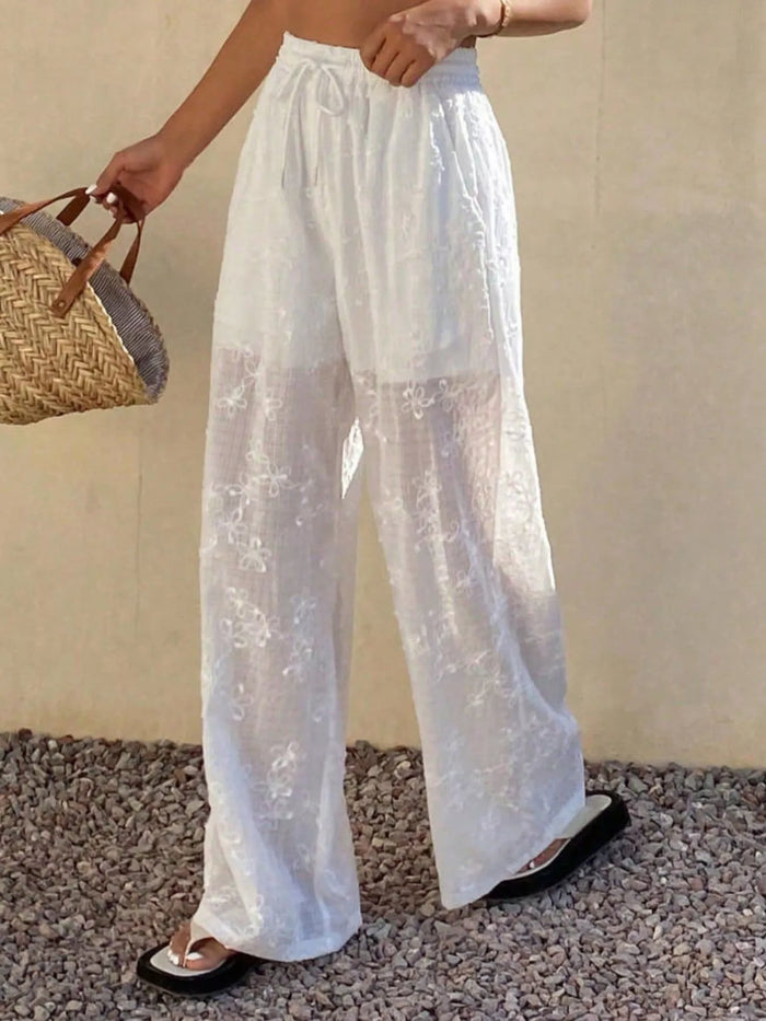 High-Waisted Sheer Floral Embroidered Wide-Leg Pants in White