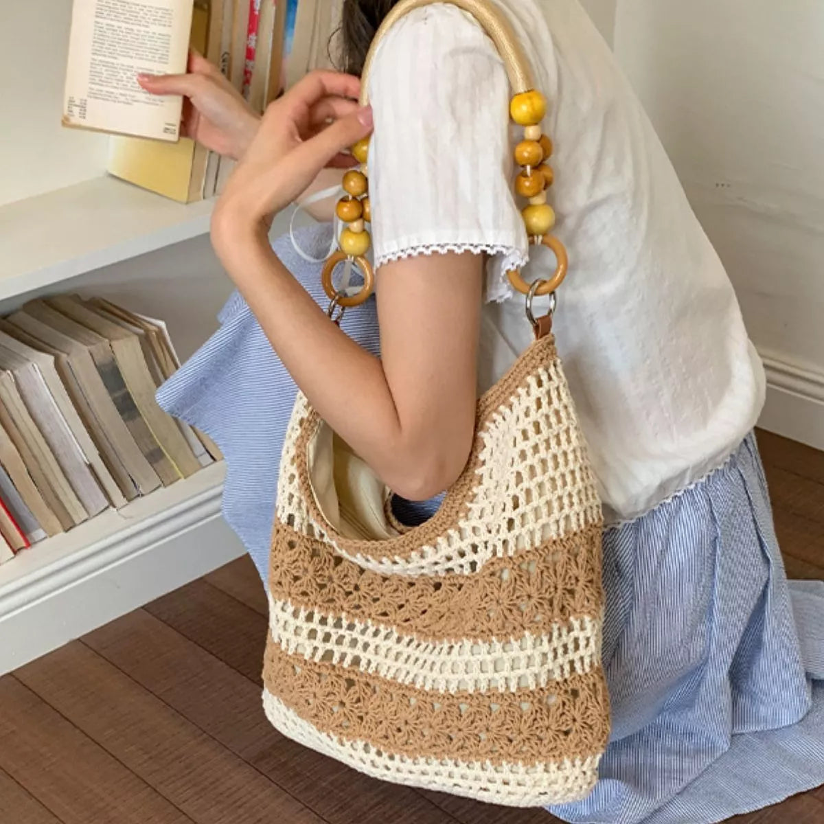 Crochet Knit Shoulder Bag in Caramel, view 8