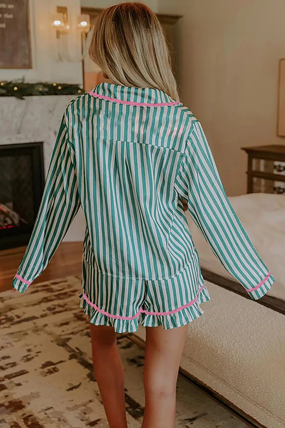 Stripe Contrast Ricrac Trim Long Sleeve Shirt Drawstring Ruffled Pajama Short Set - Lilixa.store