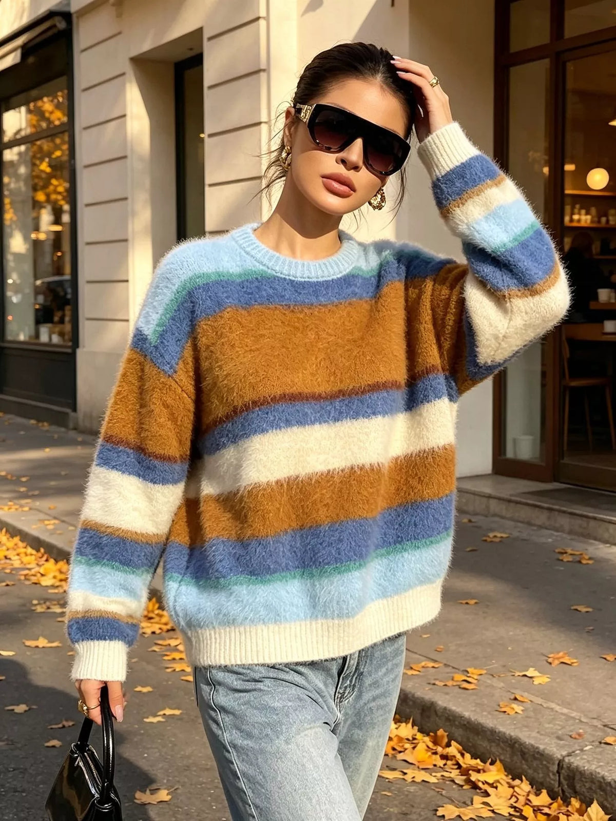 Fuzzy Striped Crew Neck Sweater in Blue, view 3