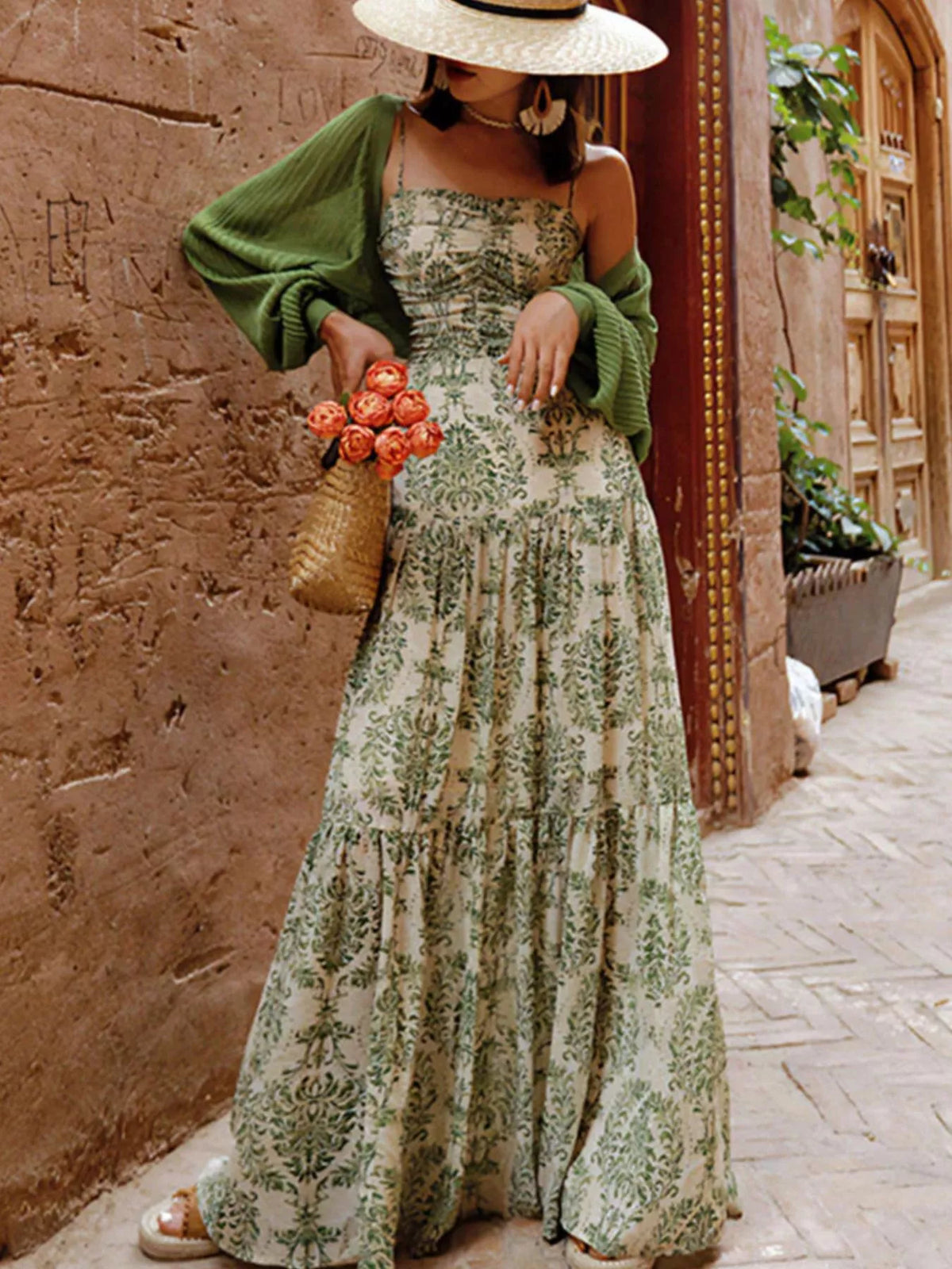 Cutout Back Printed Spaghetti Strap Tiered Maxi Dress - Lilixa.store