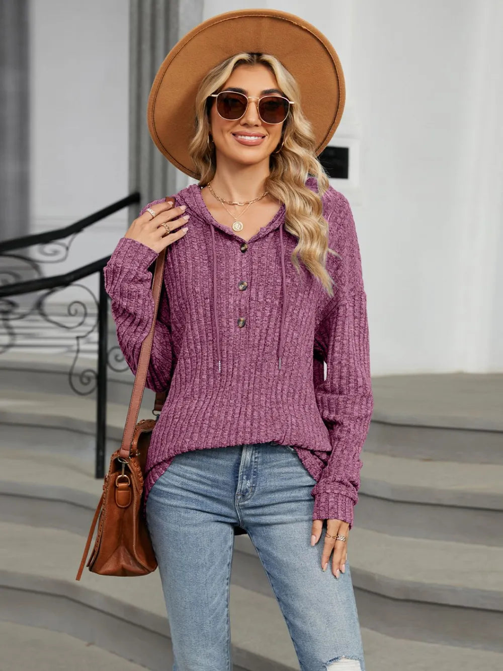 Half Button Long Sleeve Hooded Top - Lilixa.store