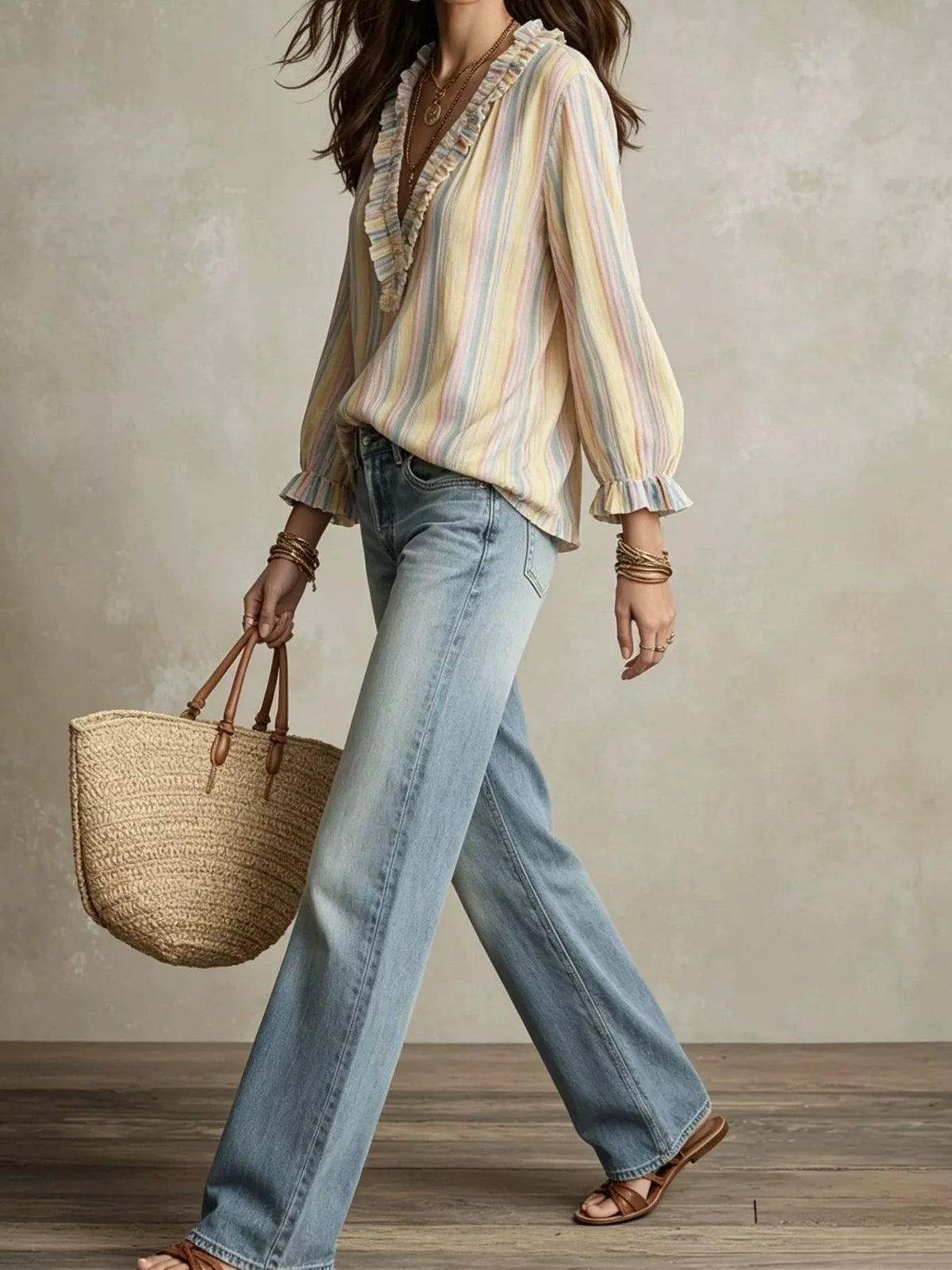 Striped Ruffle-Trim V-Neck Blouse - Lilixa.store